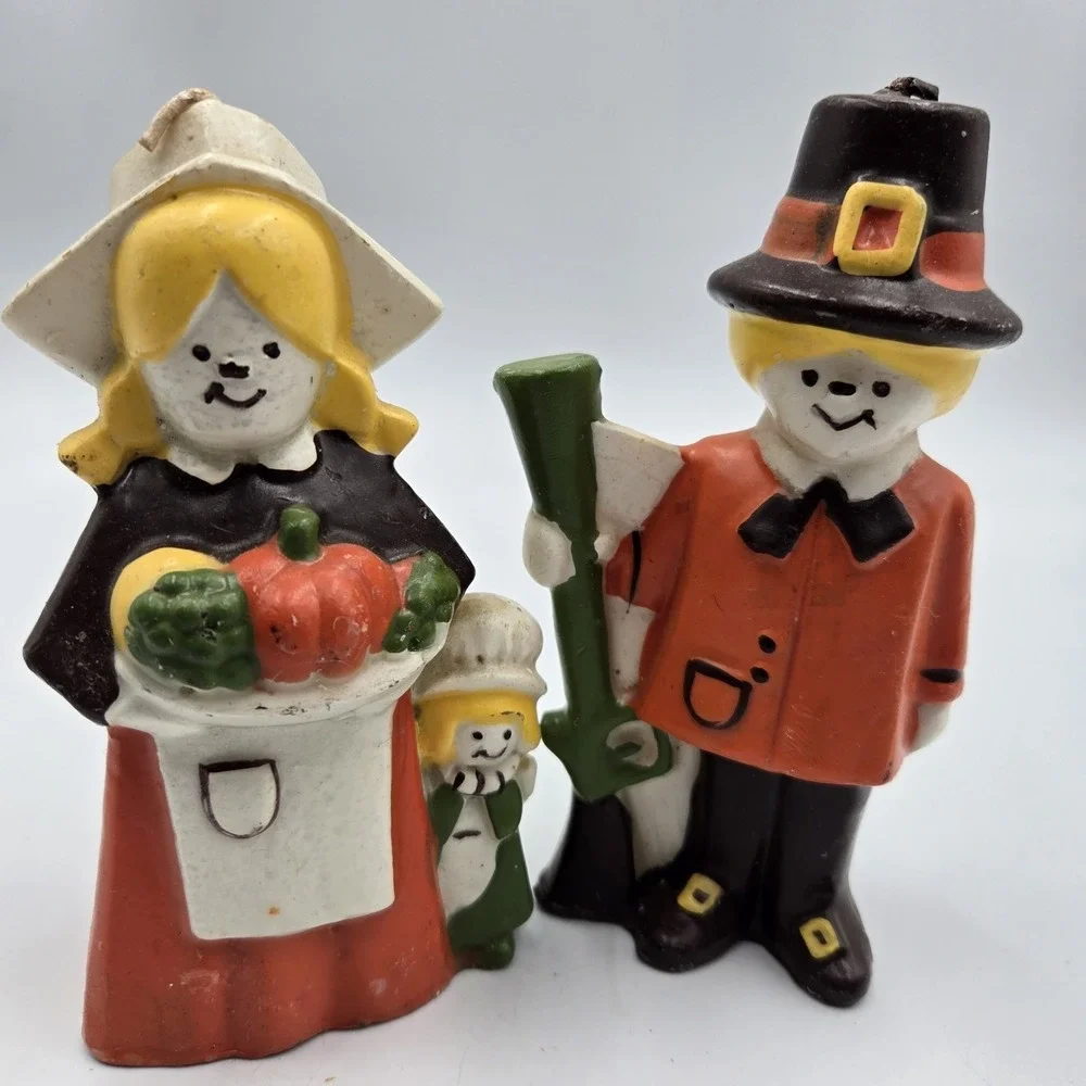 Vintage Set New Novelty Thanksgiving‎ Fall Pilgrim Man Wife Kid Candles Nos Rare